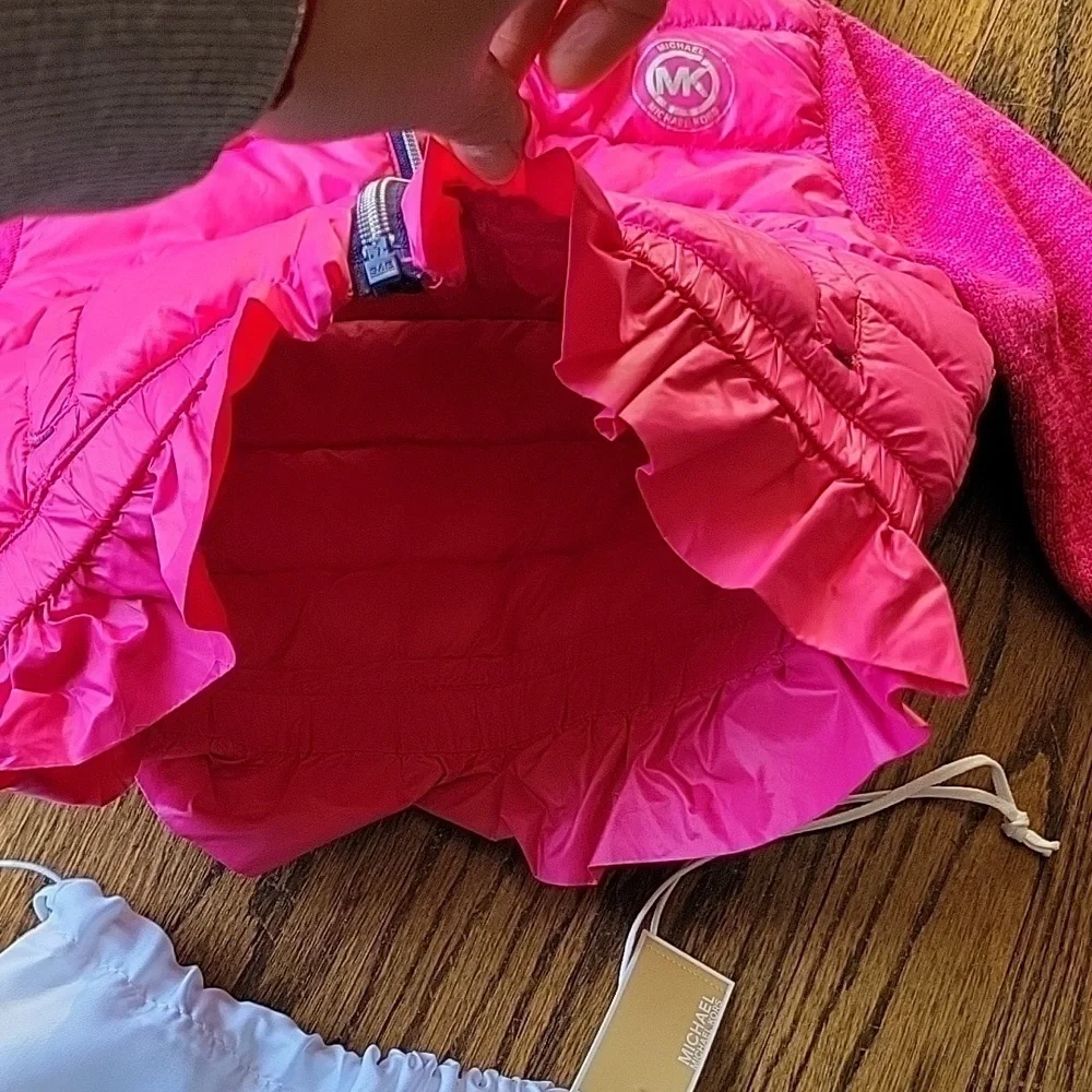 Michael Kors Hot Pink Puffer Ruffle Down Removable Hood Toddler Sz4 Light Jacket